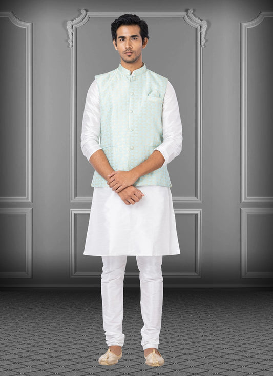 Fancy Work Dupion Silk, Jacquard Silk Green, Off White Kurta Payjama With Jacket - M3779