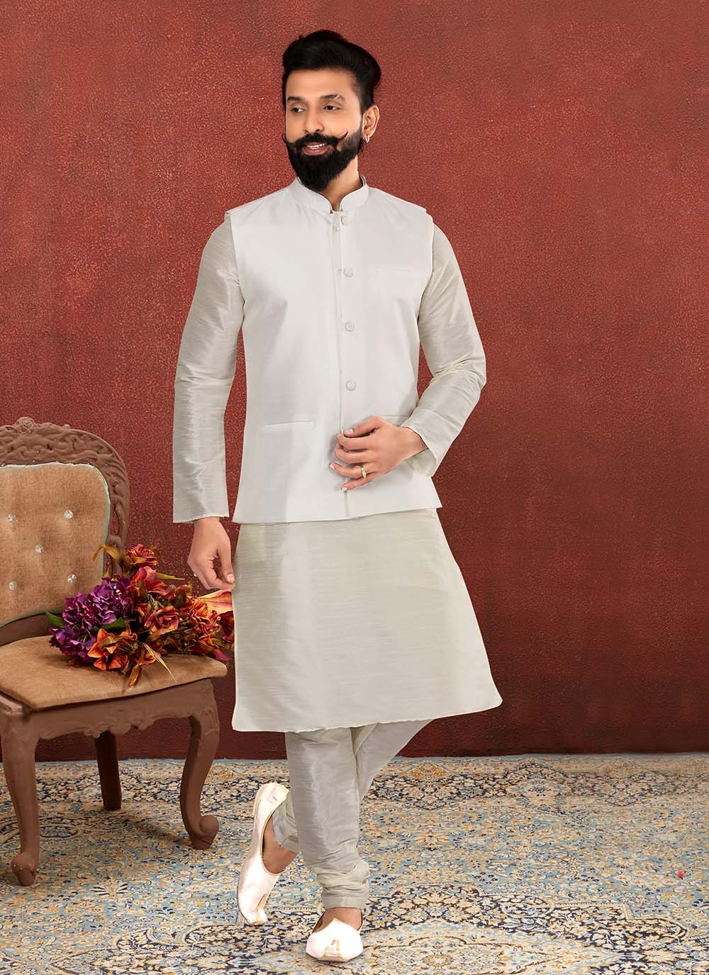 Plain Dupion Silk Grey, Silver Kurta Payjama With Jacket - M2557