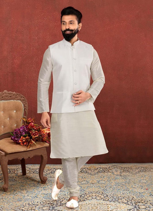 Plain Dupion Silk Grey, Silver Kurta Payjama With Jacket - M2557