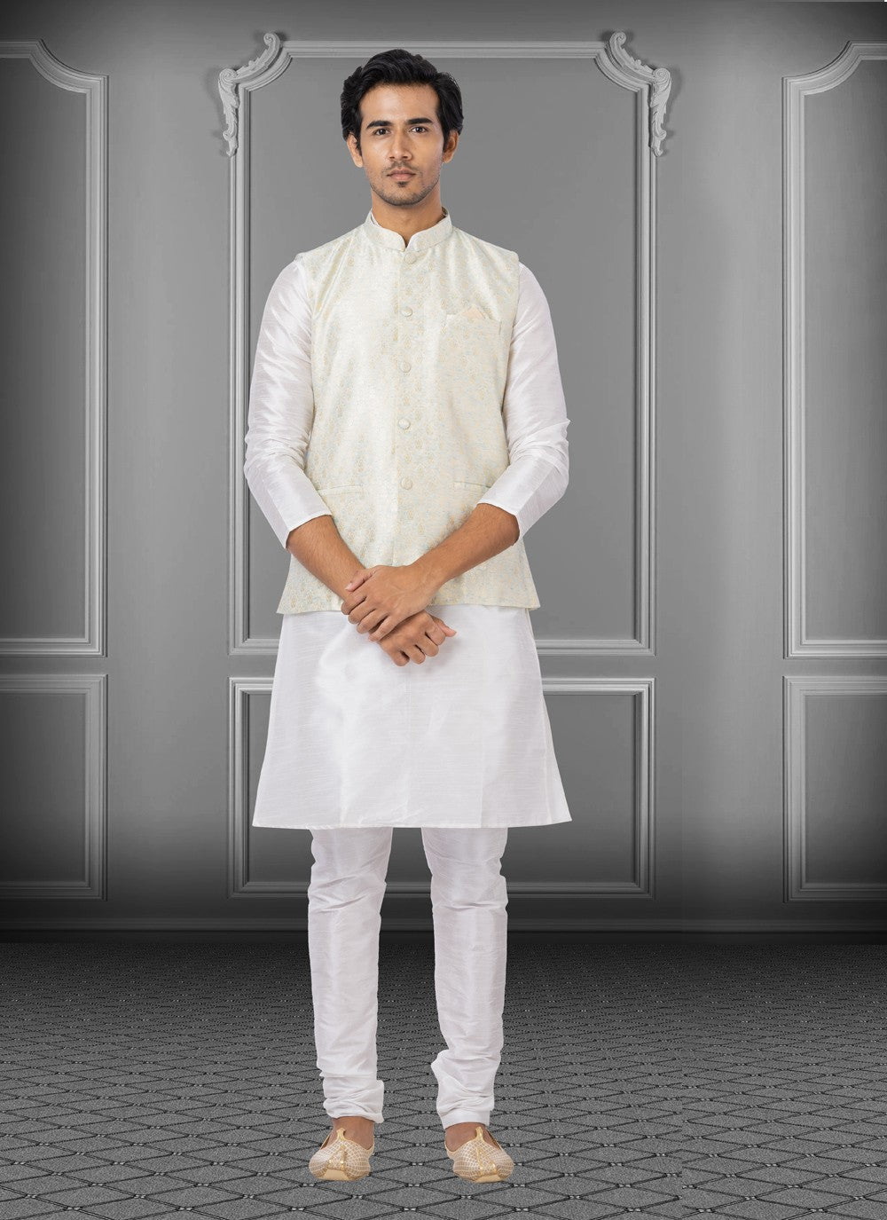 Fancy Work Dupion Silk, Linen Off White Kurta Payjama With Jacket - M3771