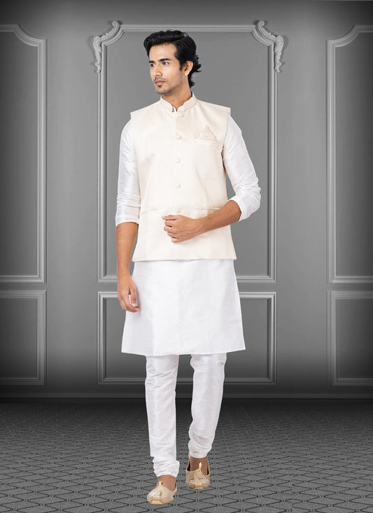 Fancy Work Dupion Silk, Fancy Fabric Off White Kurta Payjama With Jacket - M3783