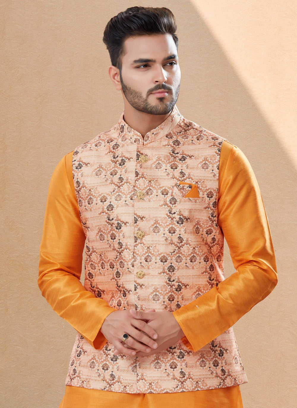 Digital Print Dupion Silk, Jacquard Peach, Yellow Kurta Payjama With Jacket - M4020