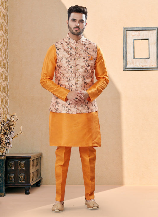 Digital Print Dupion Silk, Jacquard Peach, Yellow Kurta Payjama With Jacket - M4020