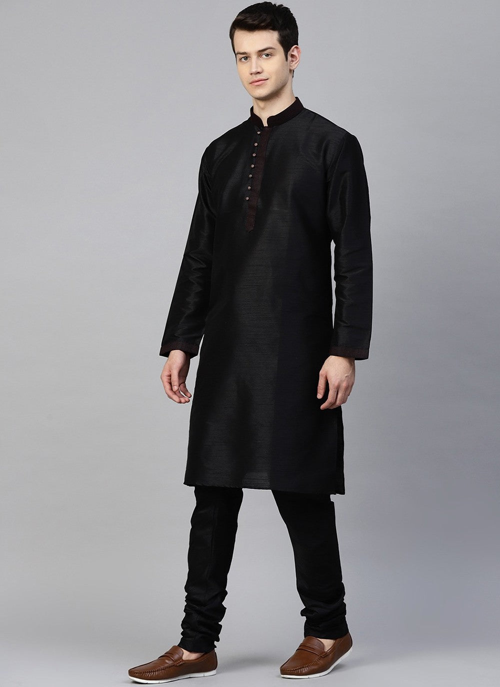 Plain Dupion Silk Black Kurta Pyjama - M2409