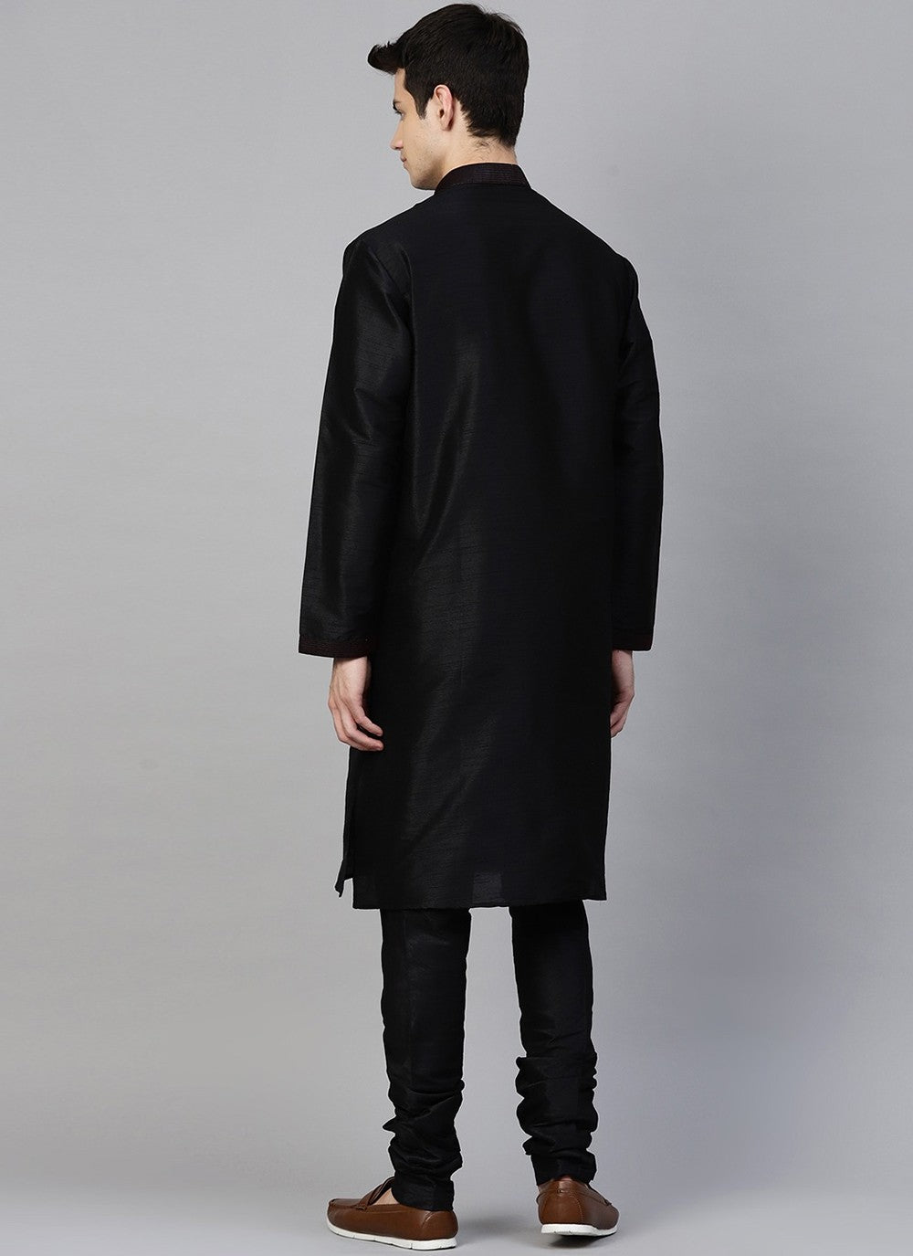 Plain Dupion Silk Black Kurta Pyjama - M2409