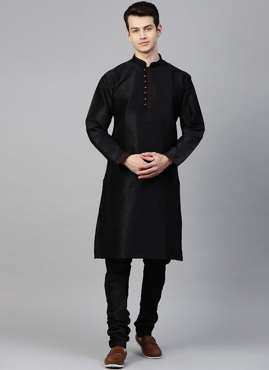 Plain Dupion Silk Black Kurta Pyjama - M2409