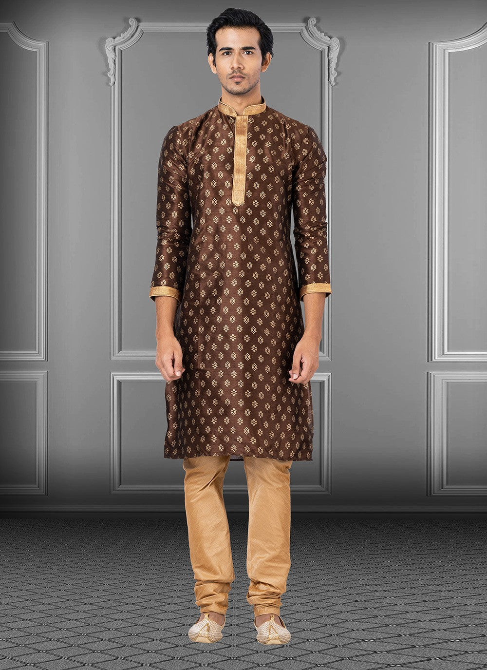 Printed Dupion Silk Brown Kurta Pyjama - M3715