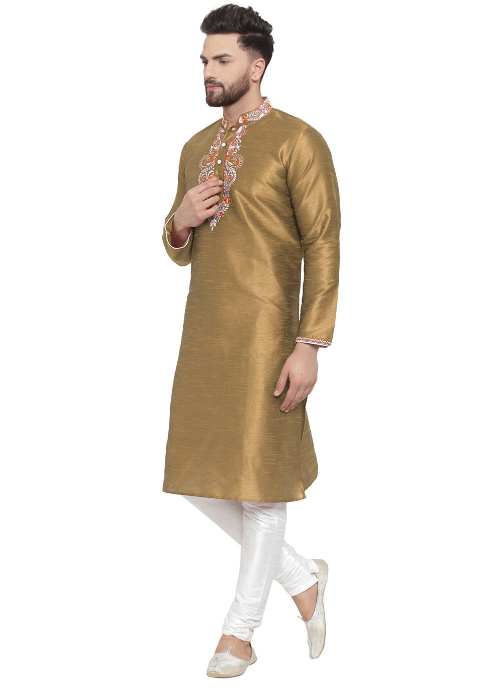 Embroidered Dupion Silk Gold Kurta Pyjama - M7342