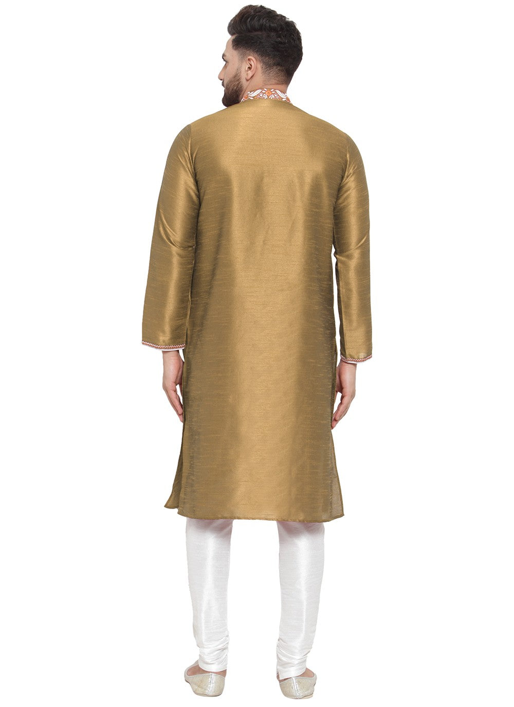 Embroidered Dupion Silk Gold Kurta Pyjama - M7342