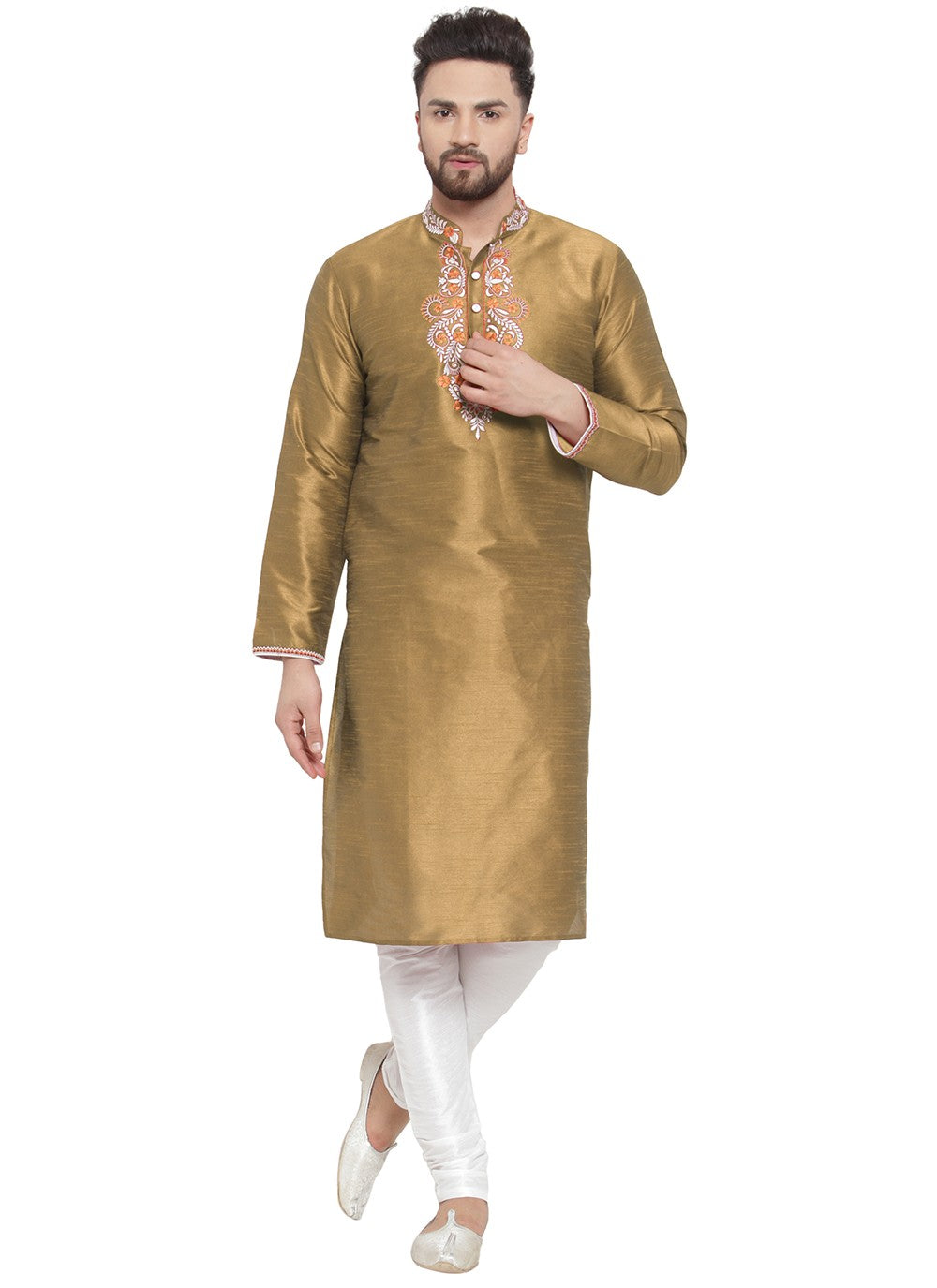 Embroidered Dupion Silk Gold Kurta Pyjama - M7342