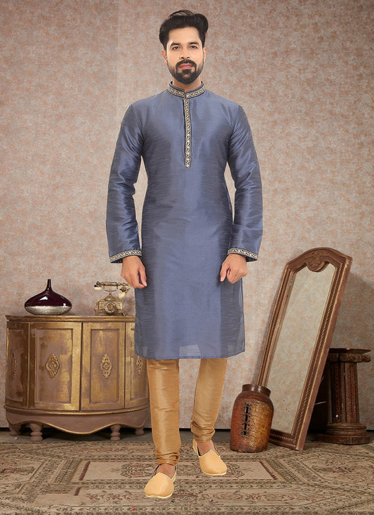 Embroidered Dupion Silk Lavender Kurta Pyjama - M3338