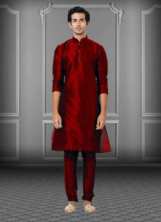 Plain Dupion Silk Maroon Kurta Pyjama - M3674