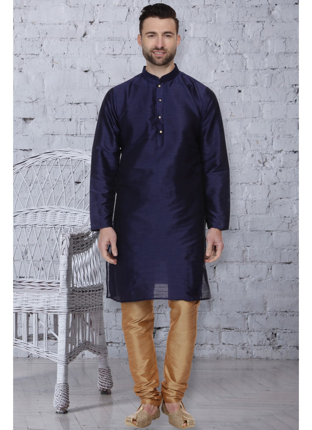 Plain Dupion Silk Navy Blue Kurta Pyjama - M1061