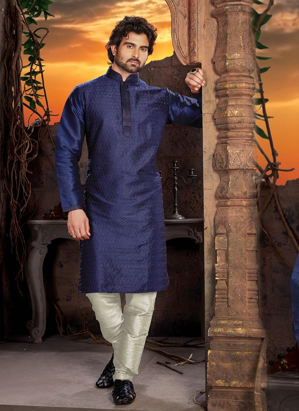 Embroidered Dupion Silk Navy Blue Kurta Pyjama - M2125