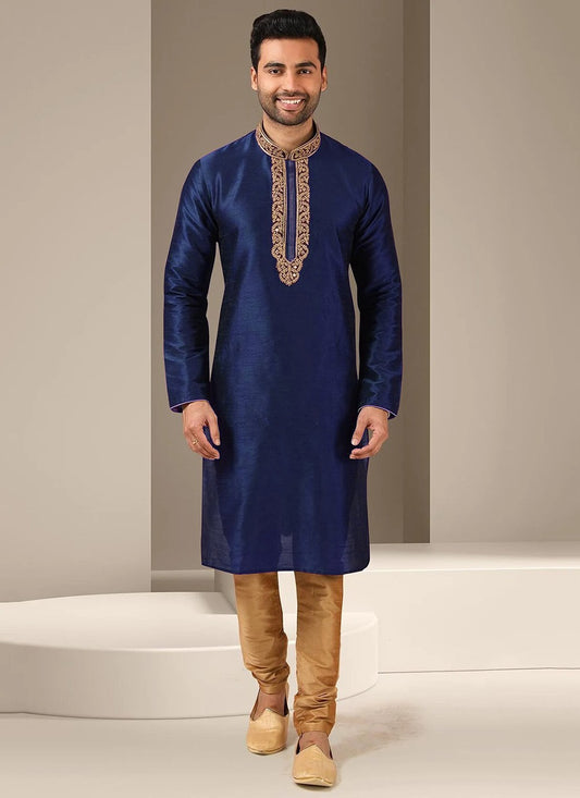 Embroidered Dupion Silk Navy Blue Kurta Pyjama - M6549