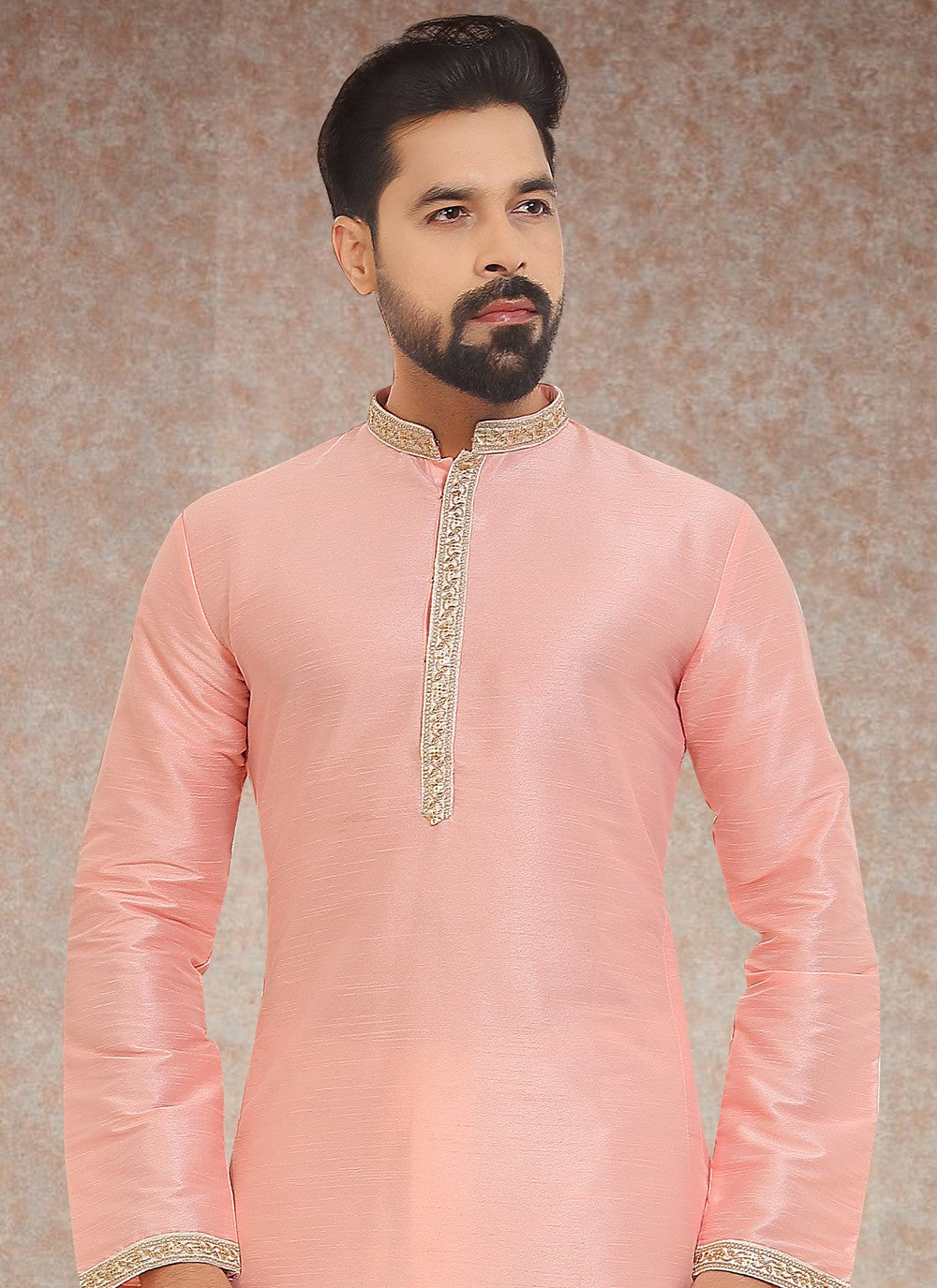 Embroidered Dupion Silk Peach Kurta Pyjama - M3344