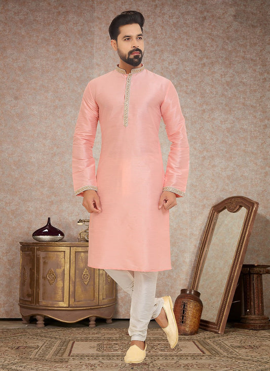 Embroidered Dupion Silk Peach Kurta Pyjama - M3344