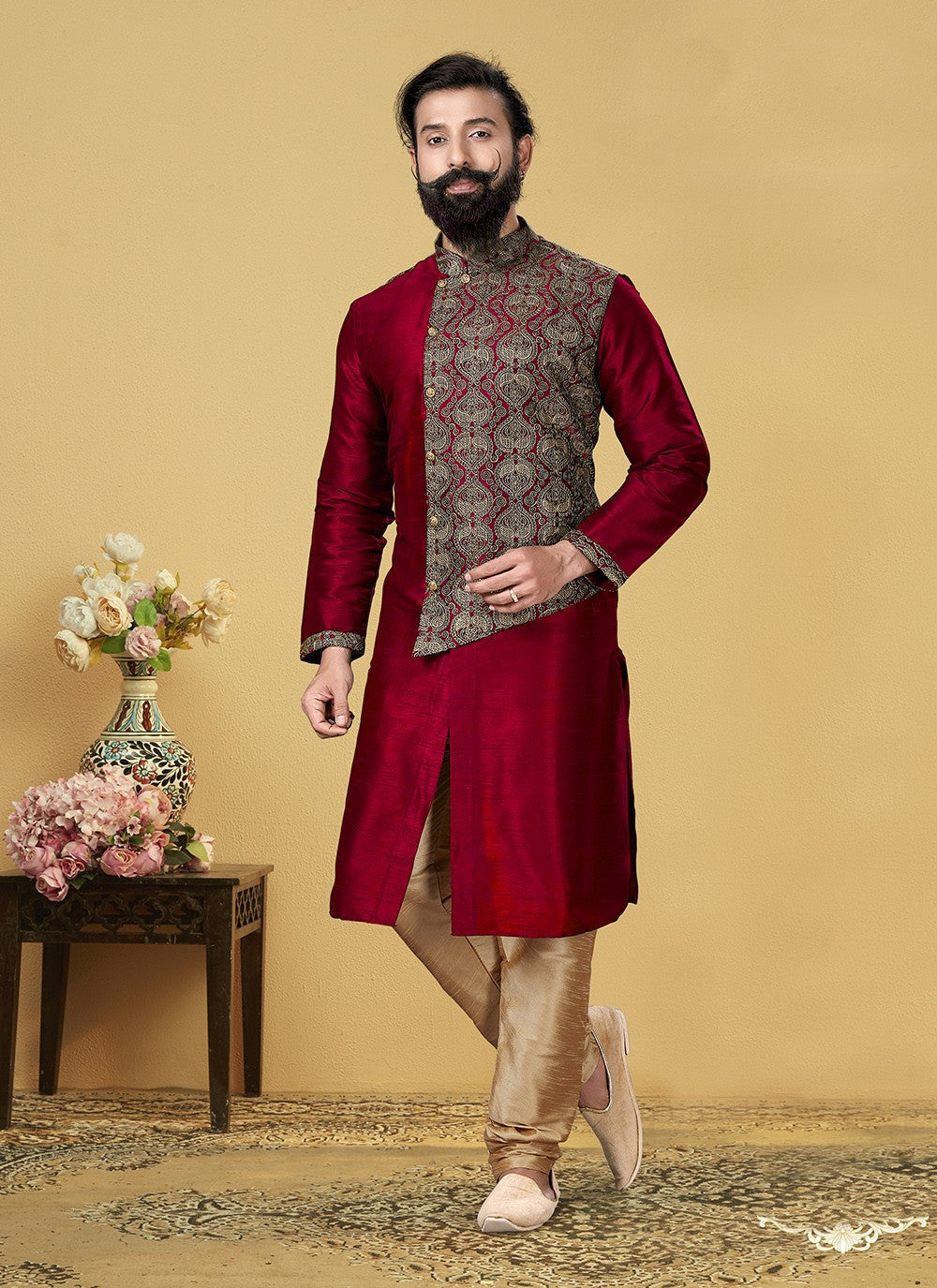 Embroidered Dupion Silk Red Kurta Pyjama - M2065