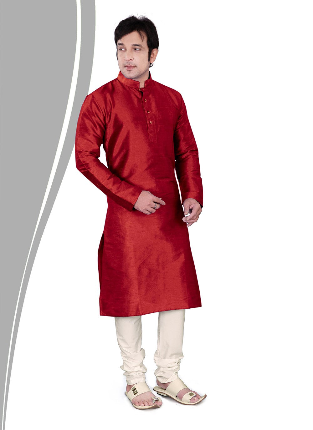 Plain Dupion Silk Red Kurta Pyjama - M2158