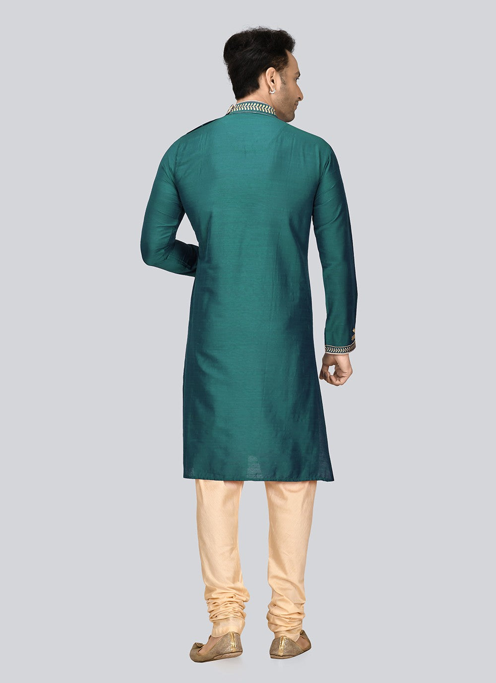 Embroidered Dupion Silk Sea Green Kurta Pyjama - M2349