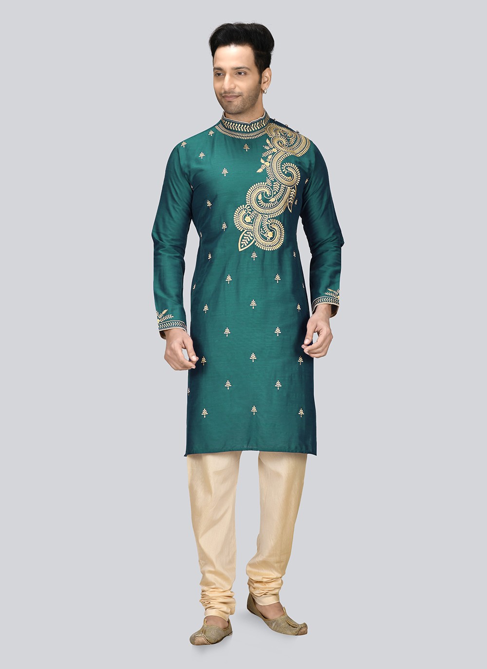 Embroidered Dupion Silk Sea Green Kurta Pyjama - M2349