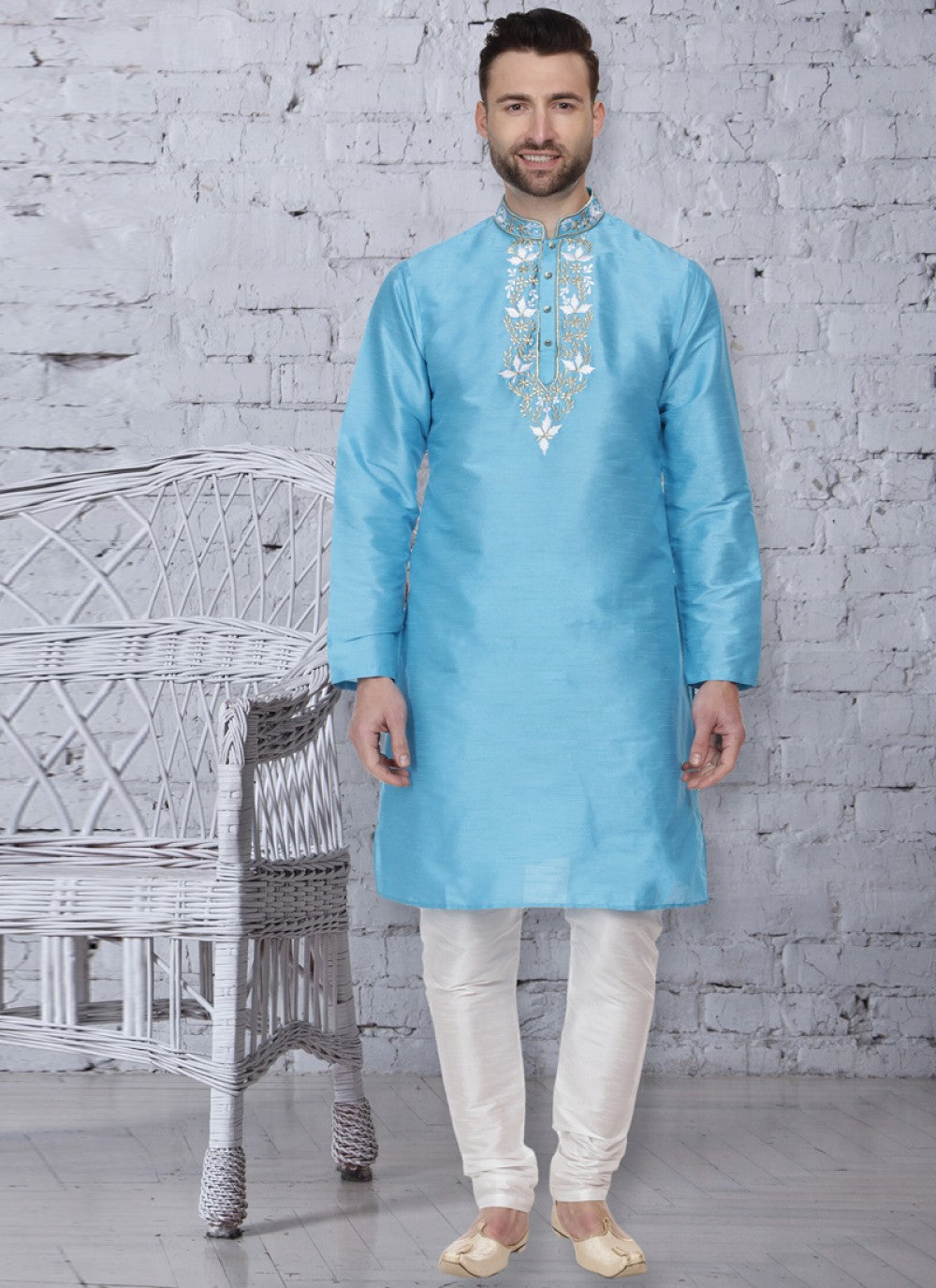 Embroidered Dupion Silk Turquoise Kurta Pyjama - M1064