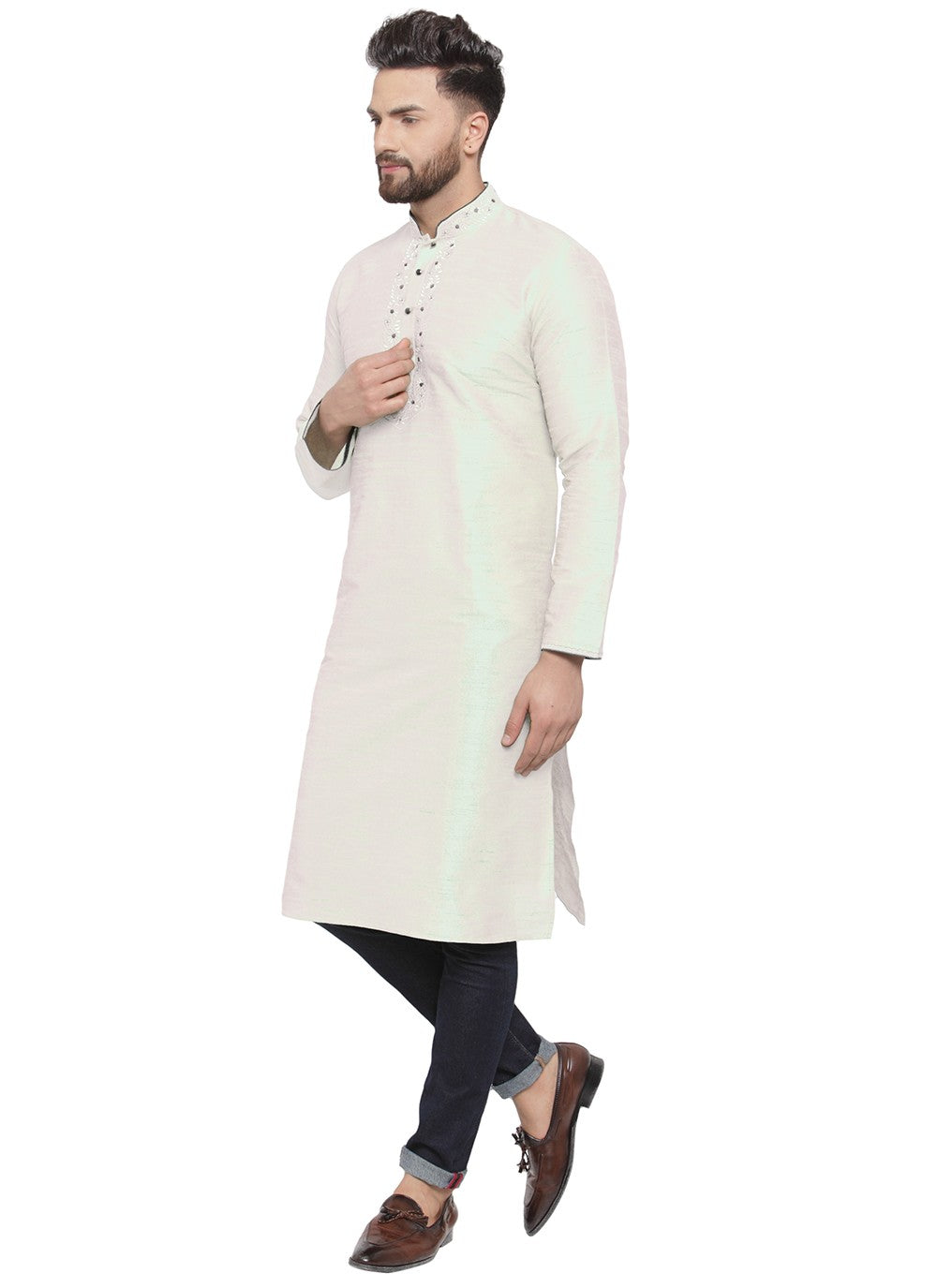 Embroidered Dupion Silk White Kurta Pyjama - M7304