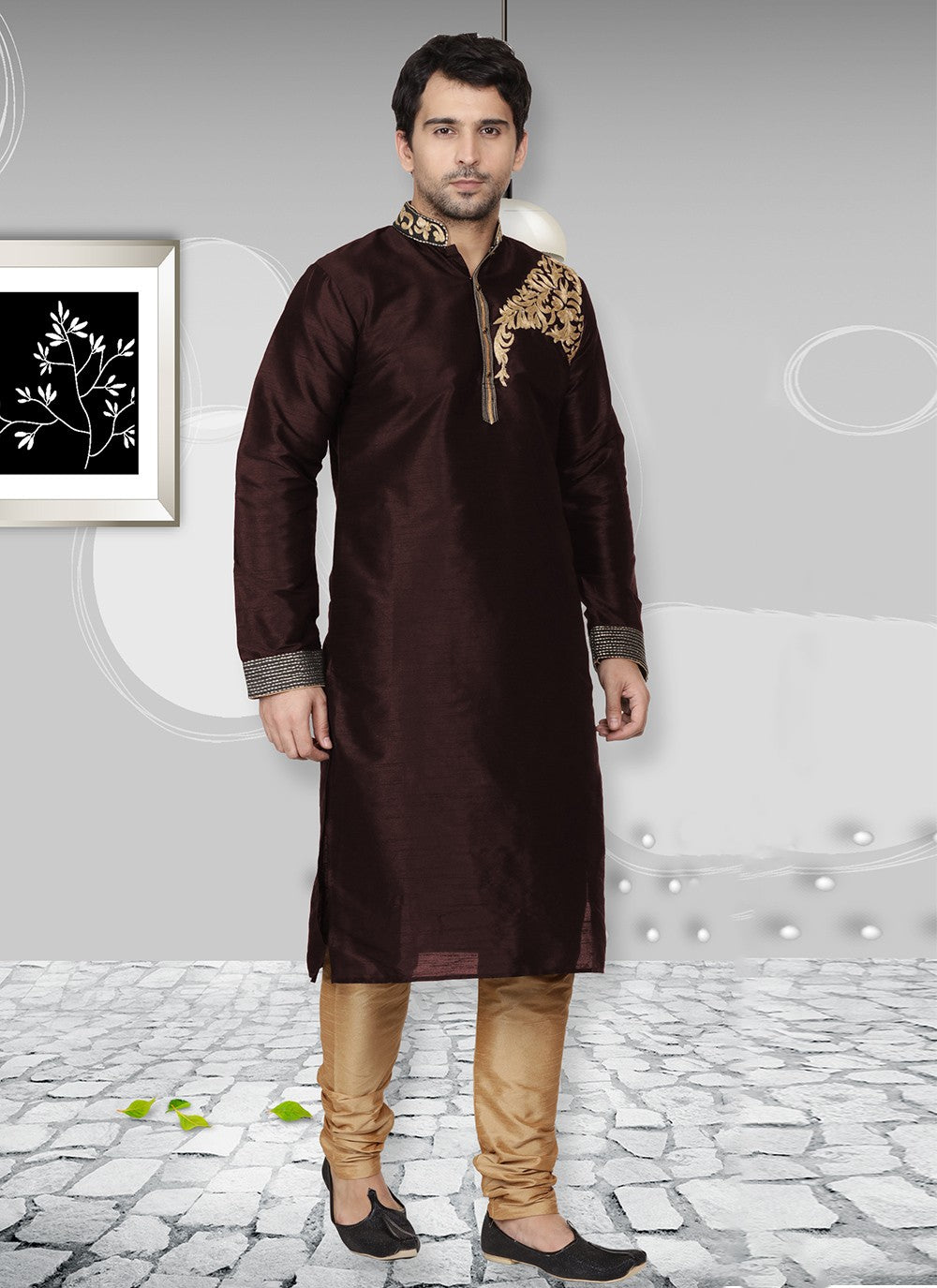 Embroidered Dupion Silk Wine Kurta Pyjama - M6565