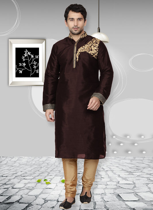 Embroidered Dupion Silk Wine Kurta Pyjama - M6565