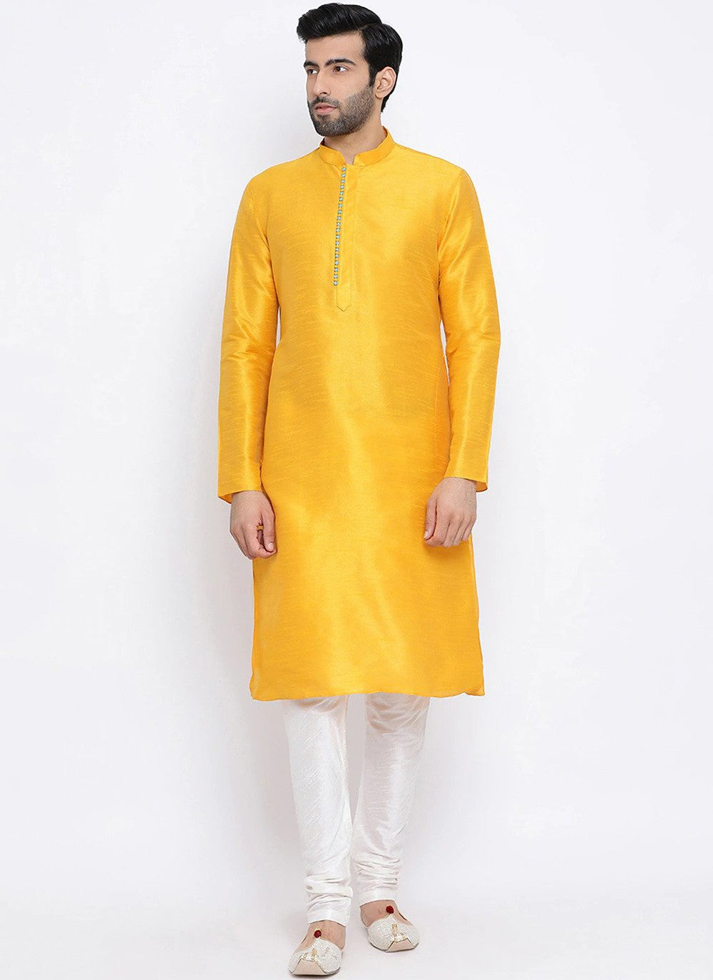 Plain Dupion Silk Yellow Kurta Pyjama - M2002