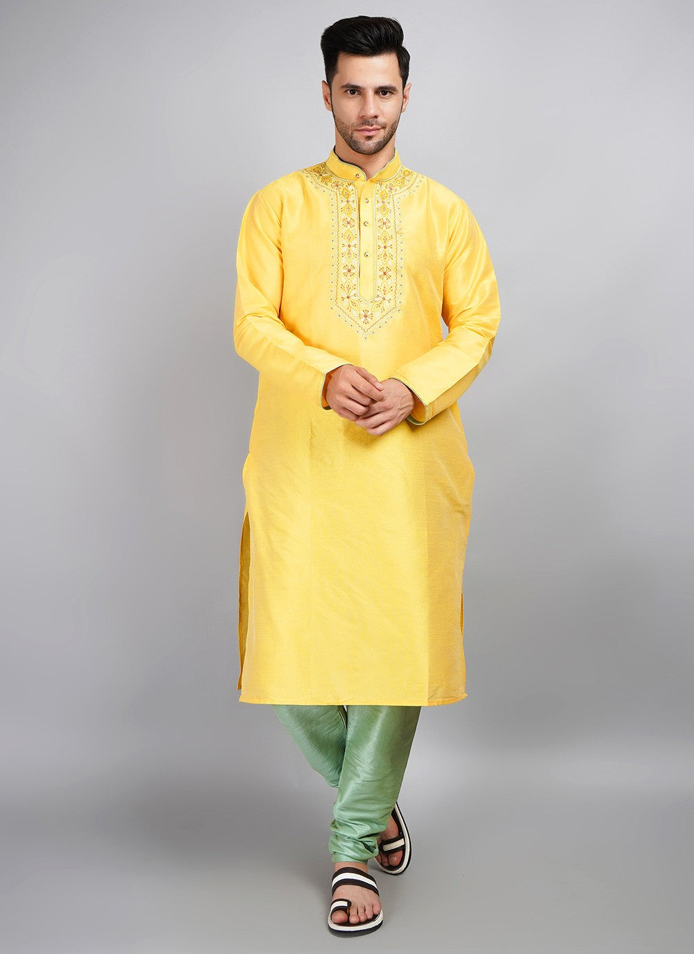 Machine Embroidery Dupion Silk Yellow Kurta Pyjama - M5687