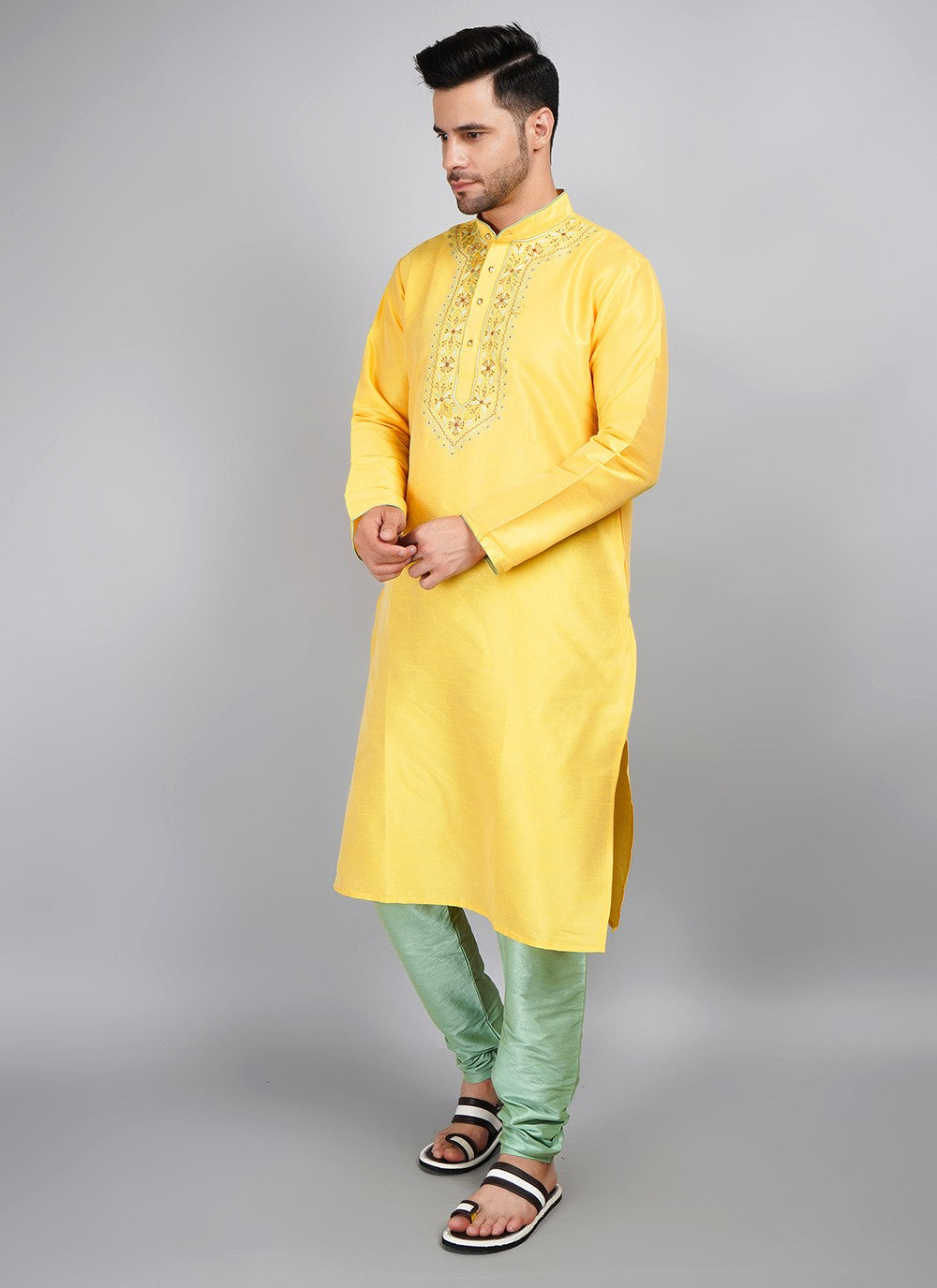 Machine Embroidery Dupion Silk Yellow Kurta Pyjama - M5687