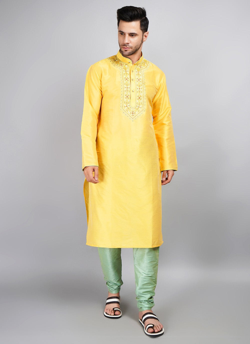 Machine Embroidery Dupion Silk Yellow Kurta Pyjama - M5687