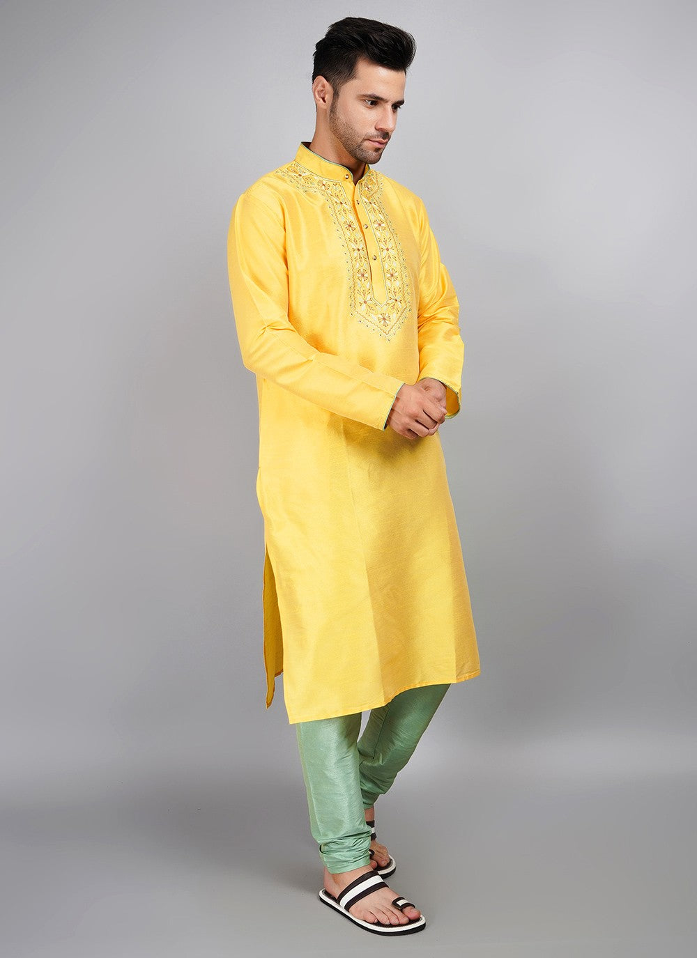 Machine Embroidery Dupion Silk Yellow Kurta Pyjama - M5687