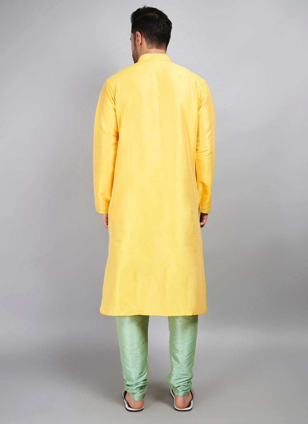 Machine Embroidery Dupion Silk Yellow Kurta Pyjama - M5687