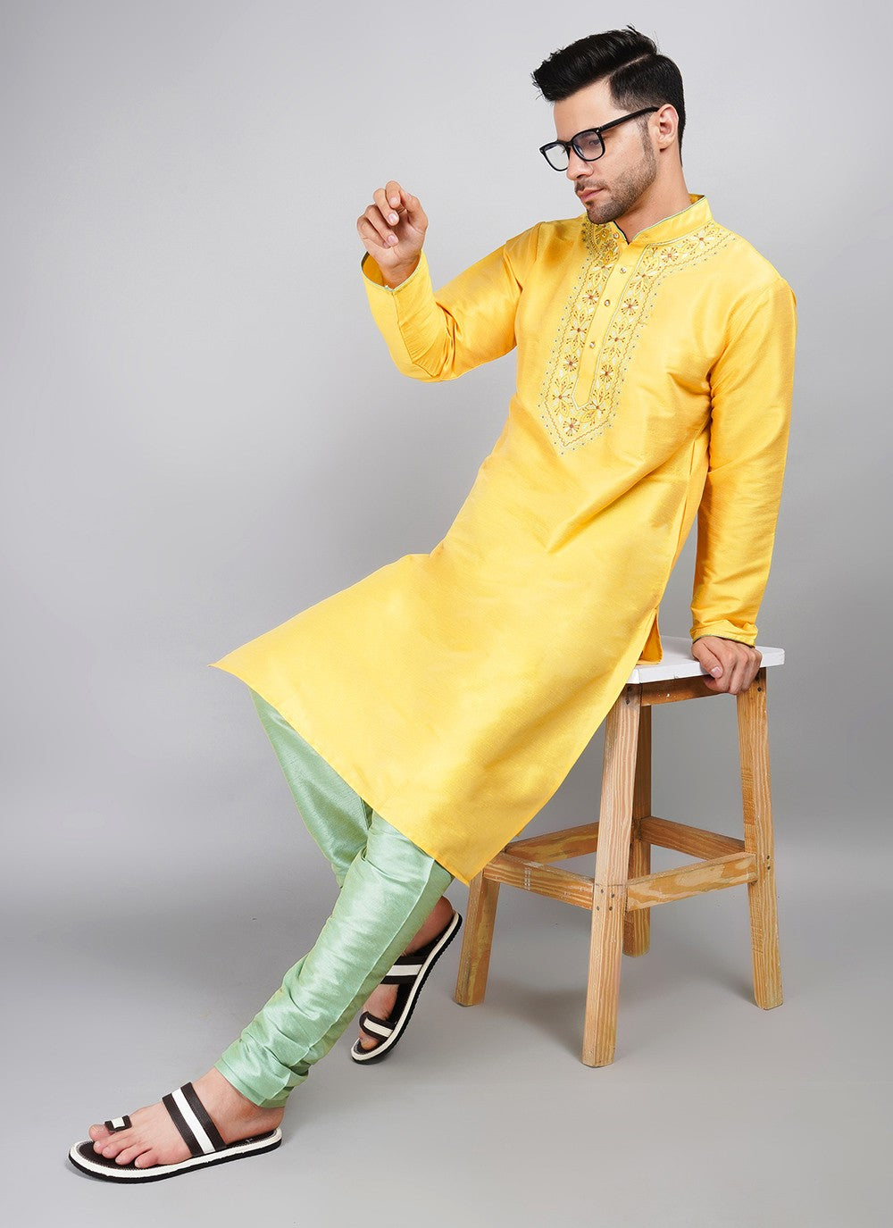 Machine Embroidery Dupion Silk Yellow Kurta Pyjama - M5687