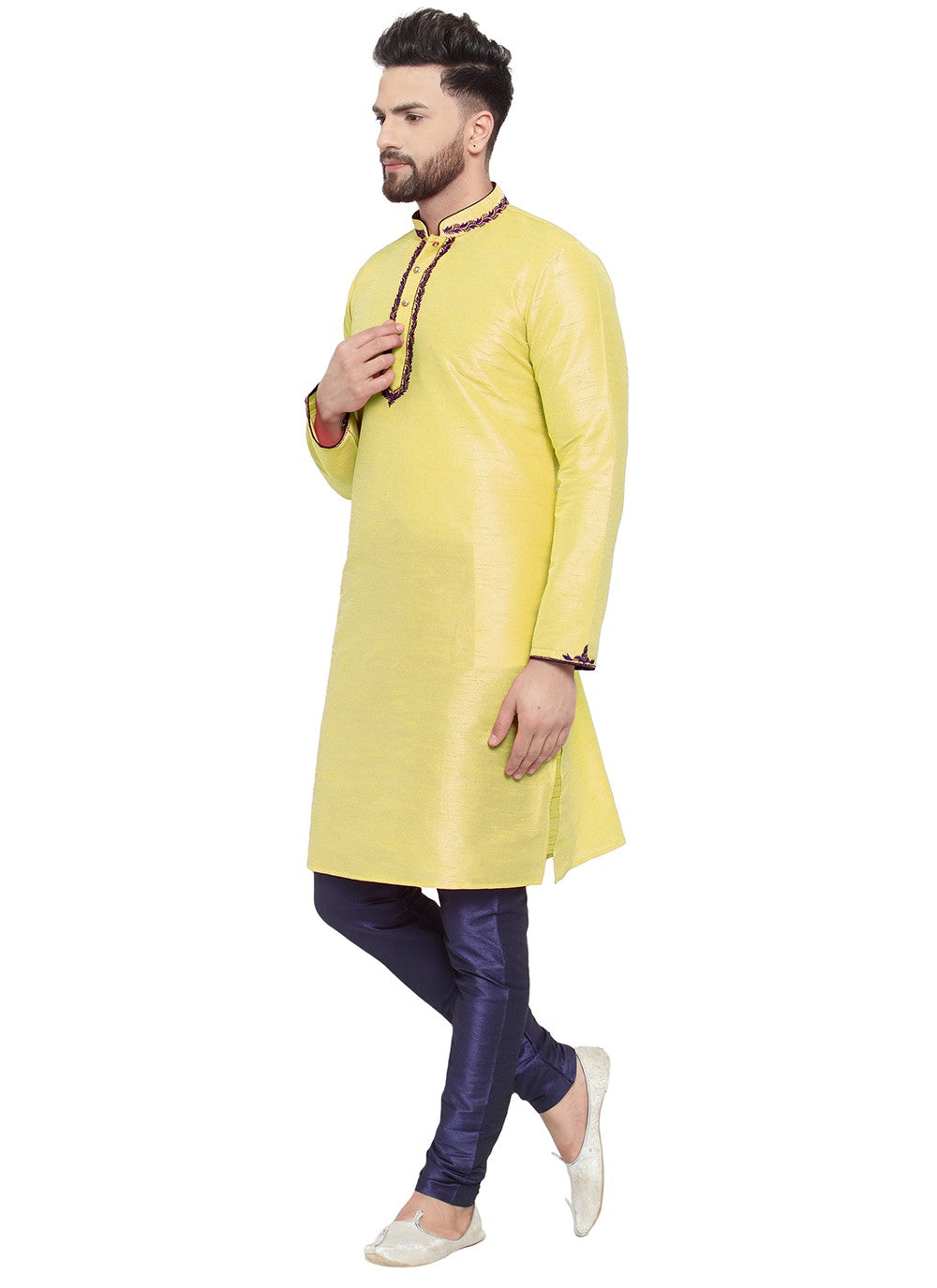 Embroidered Dupion Silk Yellow Kurta Pyjama - M7334