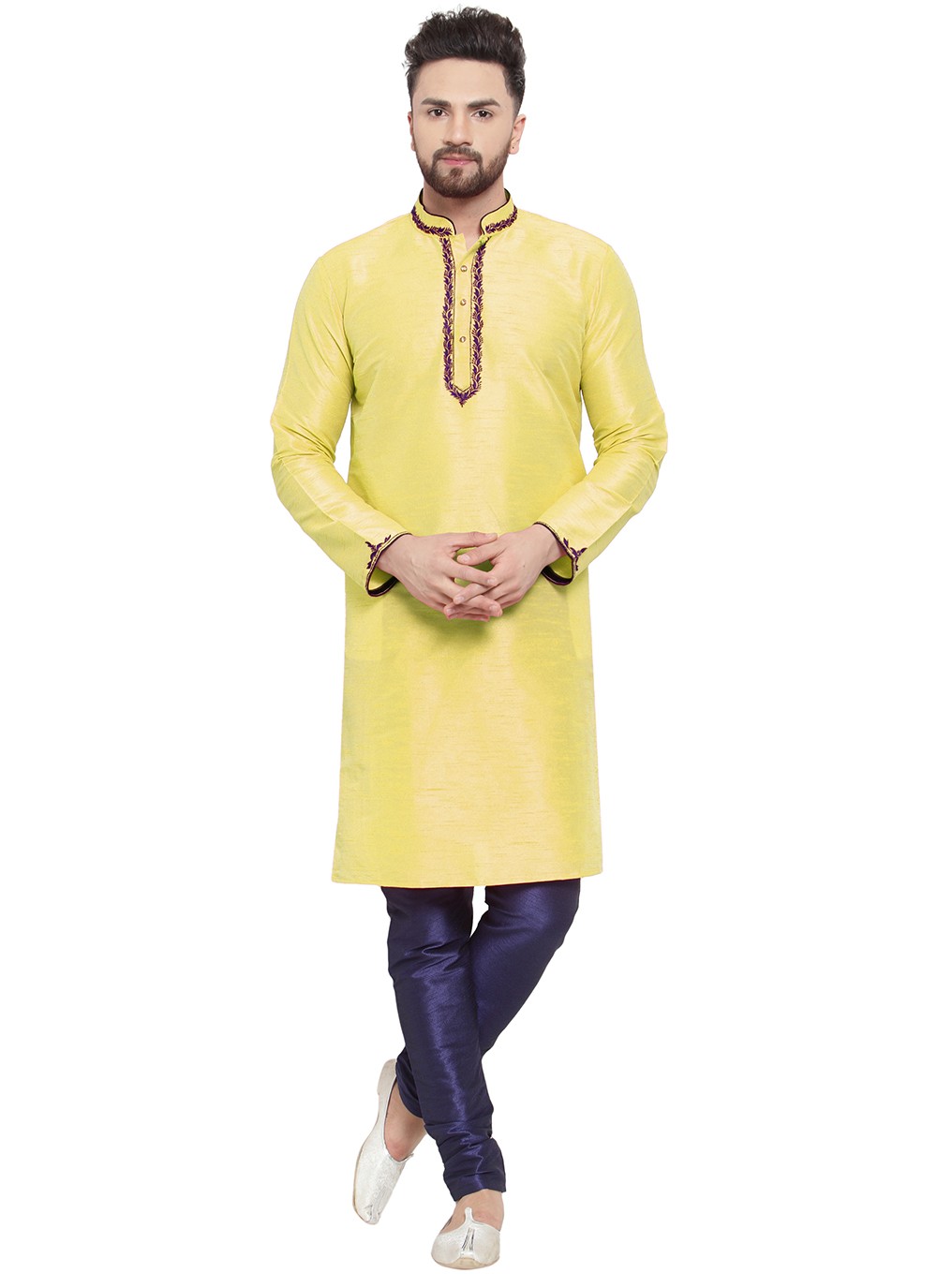 Embroidered Dupion Silk Yellow Kurta Pyjama - M7334