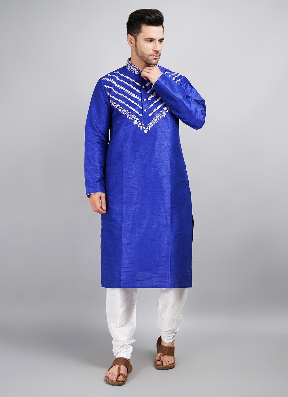 Machine Embroidery Dupion Silk Blue Kurta Pyjama - M5690