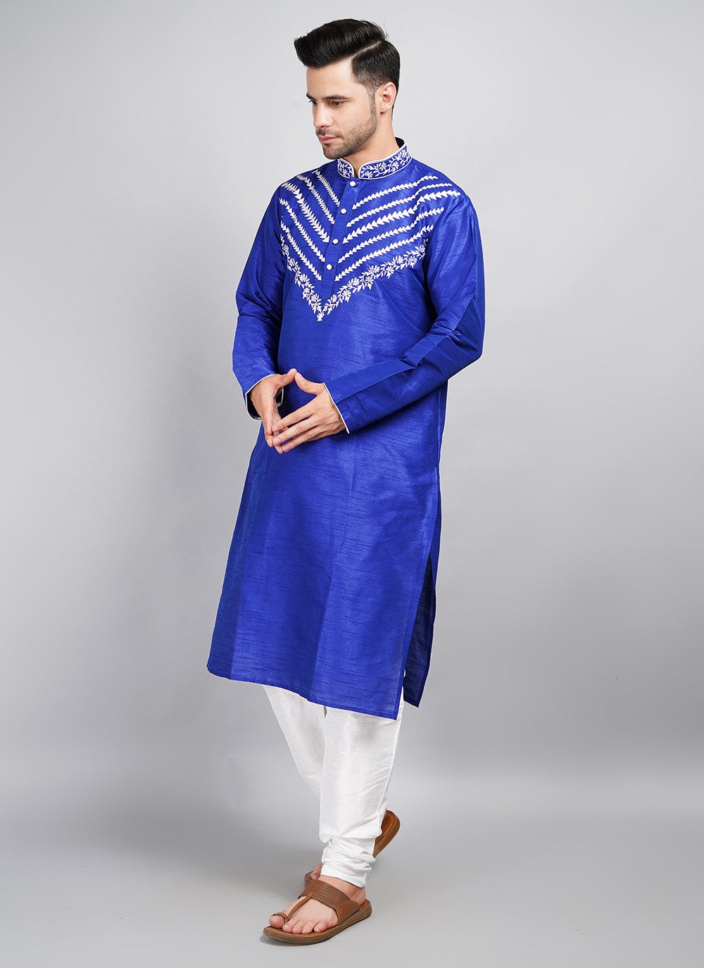 Machine Embroidery Dupion Silk Blue Kurta Pyjama - M5690