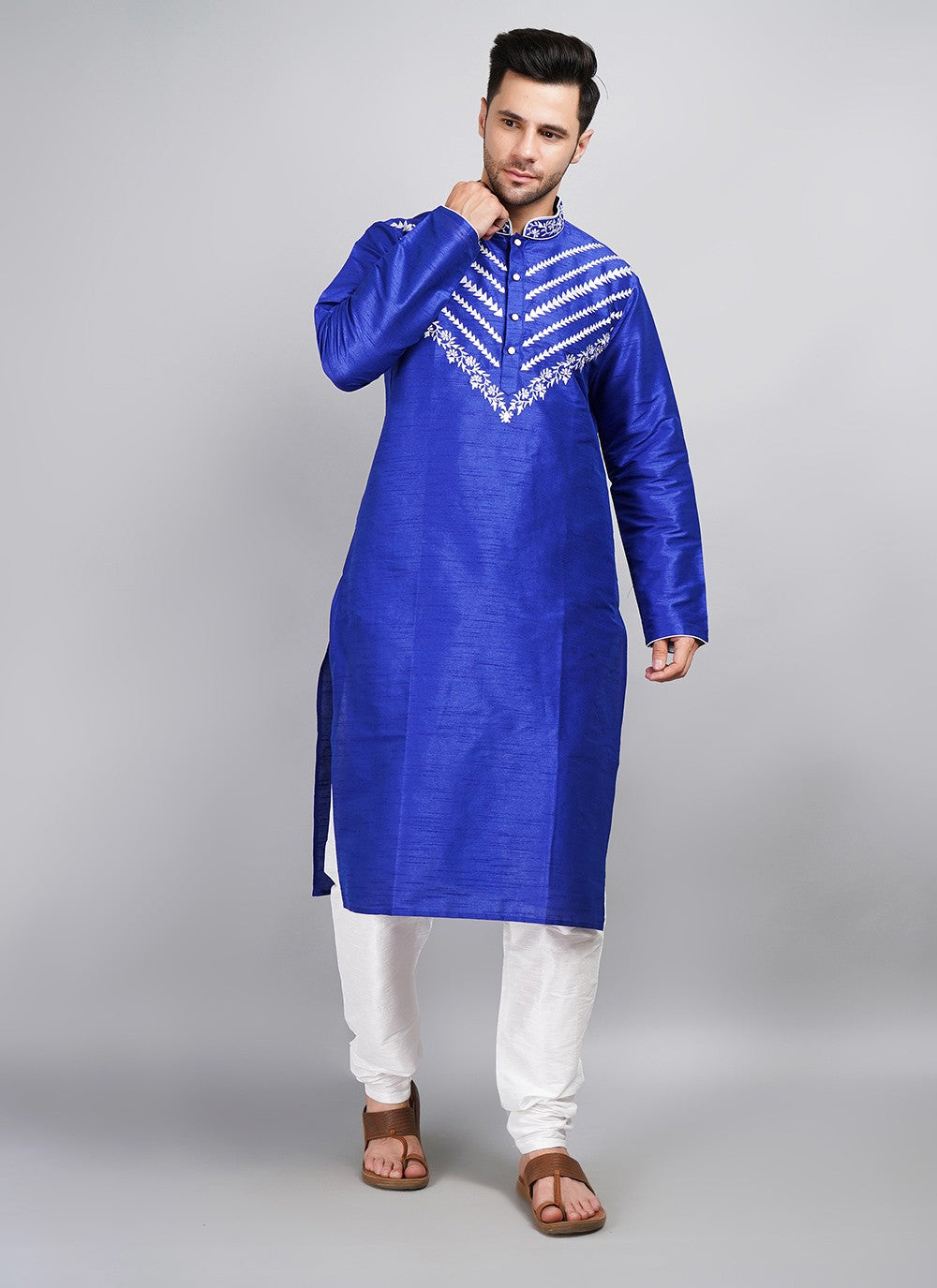 Machine Embroidery Dupion Silk Blue Kurta Pyjama - M5690