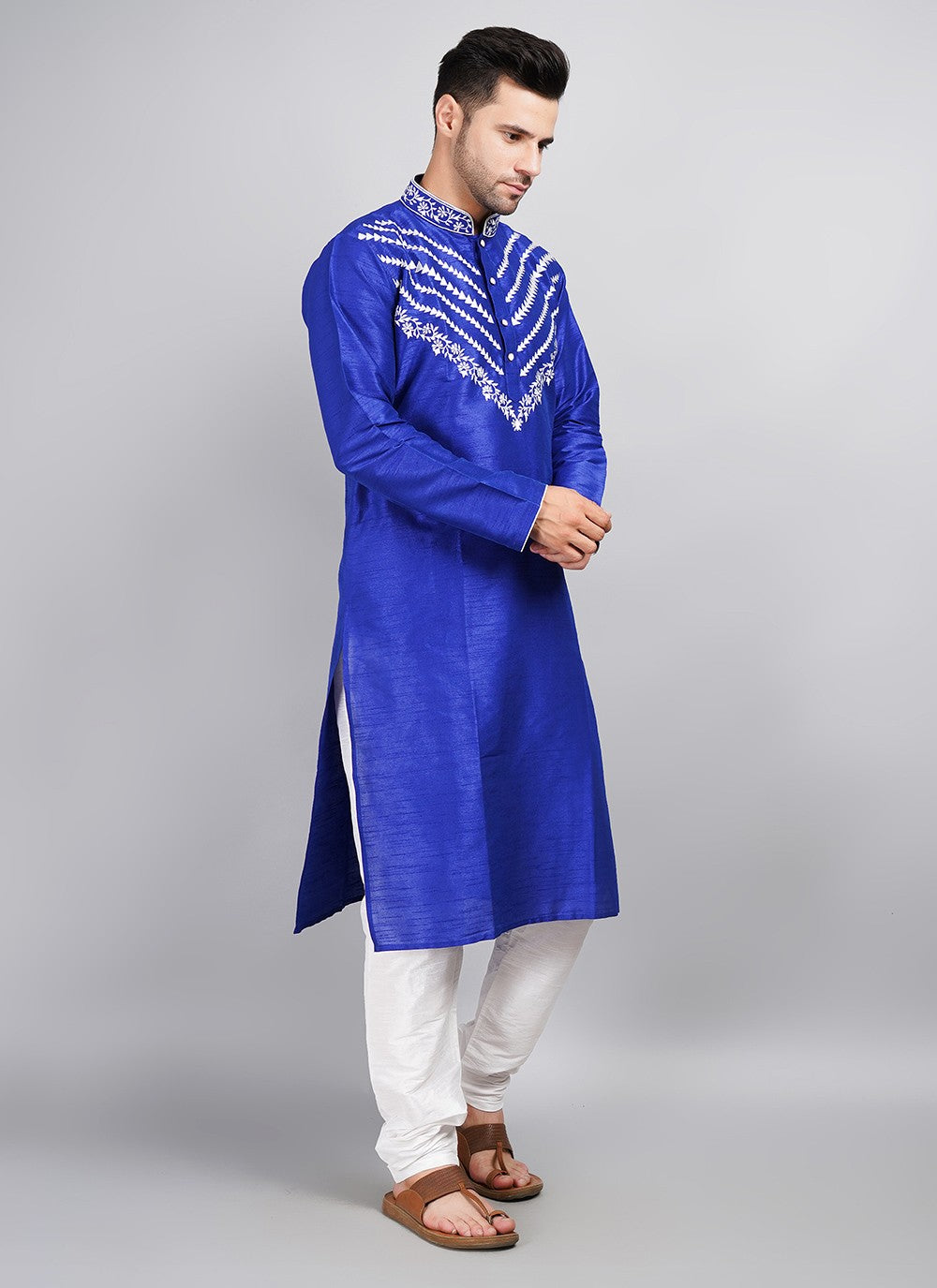 Machine Embroidery Dupion Silk Blue Kurta Pyjama - M5690