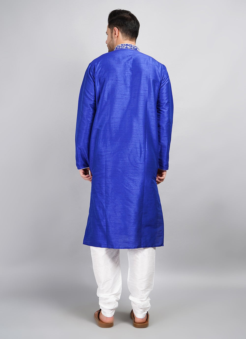 Machine Embroidery Dupion Silk Blue Kurta Pyjama - M5690