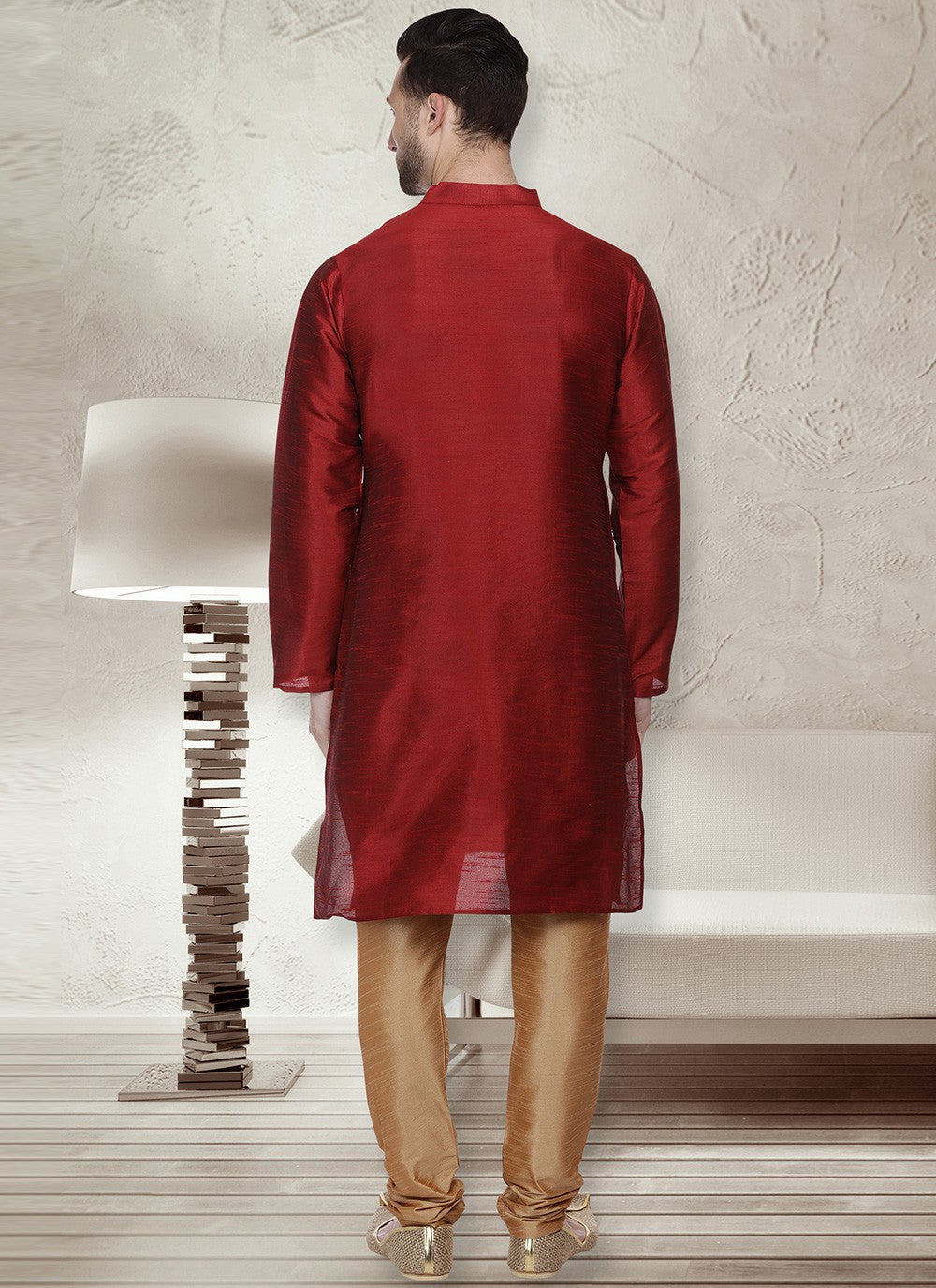 Machine Embroidery Dupion Silk Maroon Kurta Pyjama - M5661