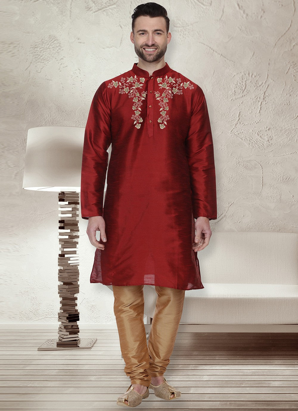 Machine Embroidery Dupion Silk Maroon Kurta Pyjama - M5661