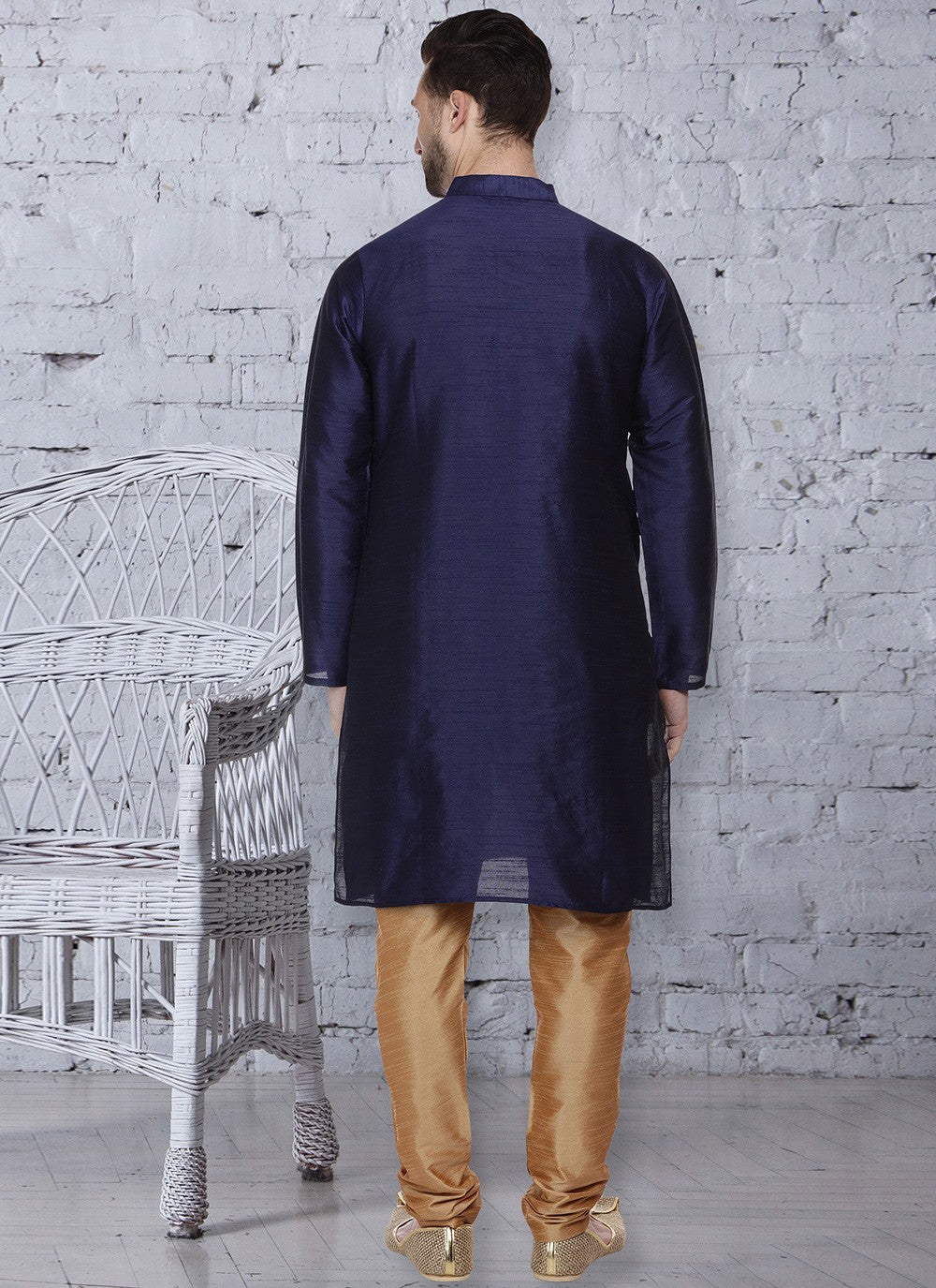 Machine Embroidery Dupion Silk Navy Blue Kurta Pyjama - M5662