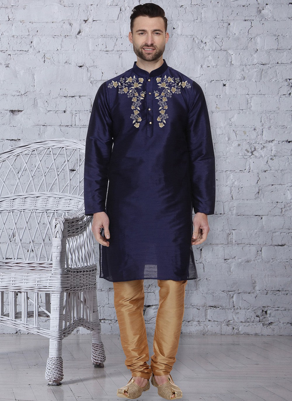 Machine Embroidery Dupion Silk Navy Blue Kurta Pyjama - M5662