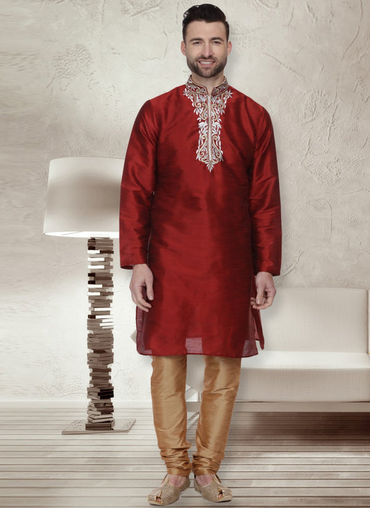 Embroidered Dupion Silk Maroon Kurta Pyjama - M1055