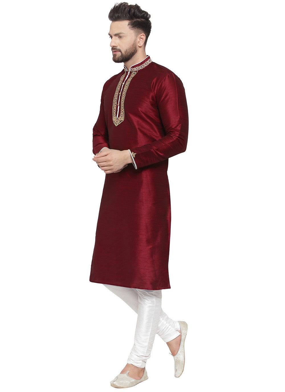 Embroidered Dupion Silk Maroon Kurta Pyjama - M7335