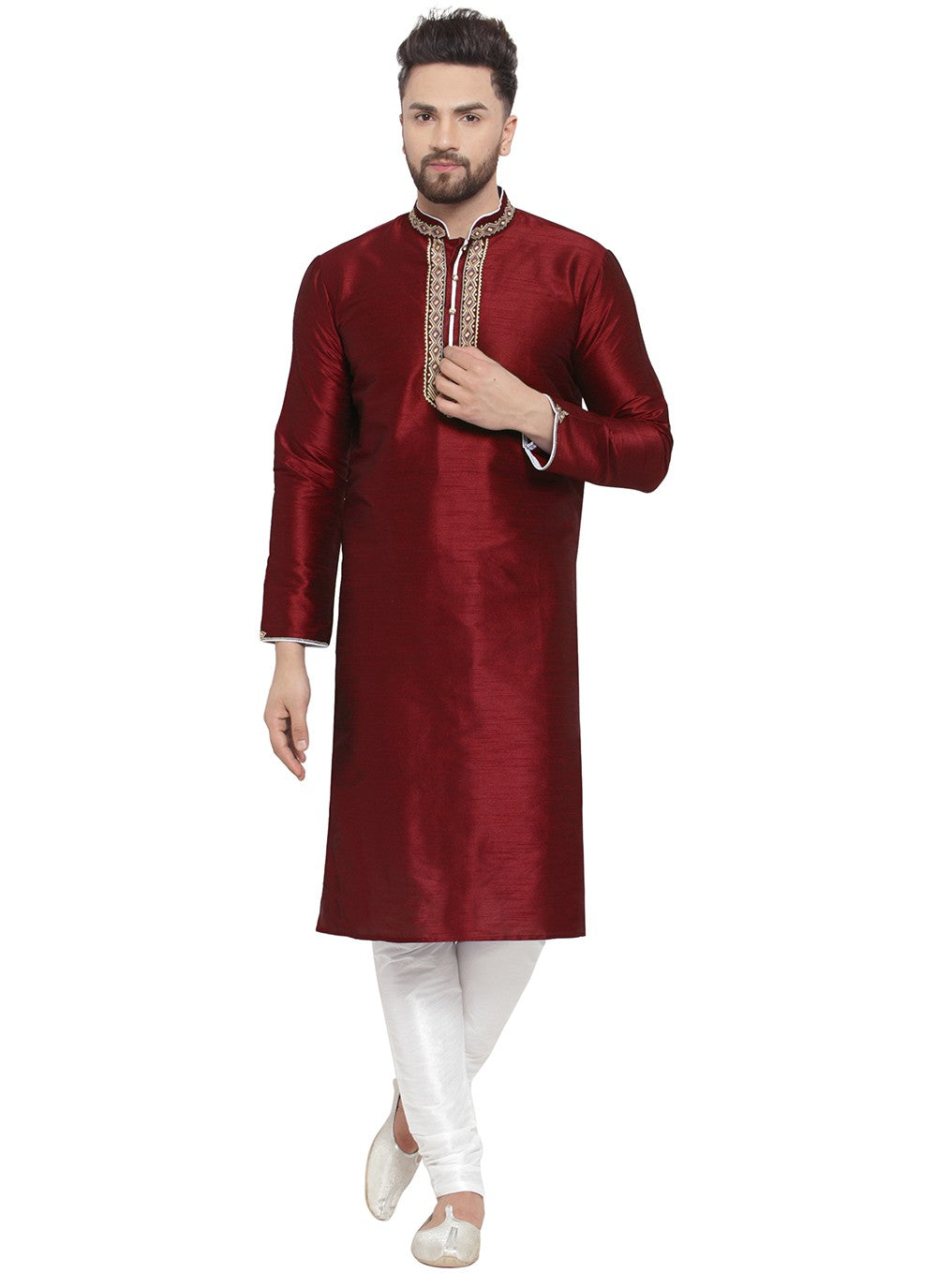 Embroidered Dupion Silk Maroon Kurta Pyjama - M7335